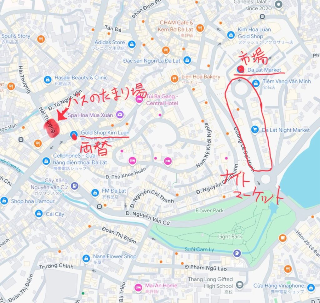 ダラットのバス停の地図